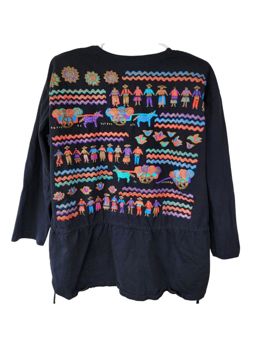 Vintage 80s Mexican Shirt Women Large 14 Black Blue Southwestern Top Long sleeve
